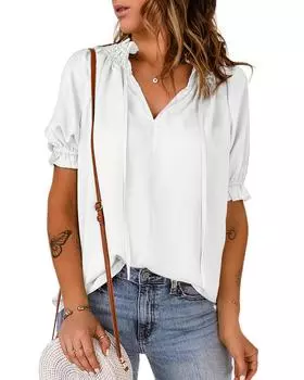 Azura Exchange Блузка с оборкой на шее и рукавами-фонариками S белый