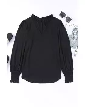 Azura Exchange Frill V Neck Puff Long Sleeve Top L чёрный