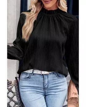 Azura Exchange Блузка с воротником-стойкой и рукавами-фонариками 2XL чёрный