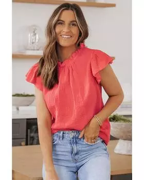 Azura Exchange Текстурированная блузка с оборкой на шее XL ярко-розовый