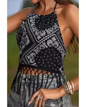 Azura Exchange Fringe Trim Halter Tank Top L чёрный