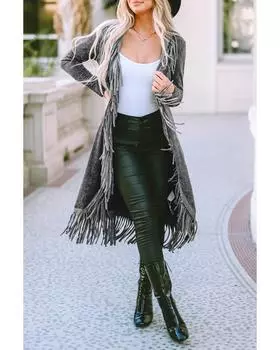 Azura Exchange Fringed Hem Pocketed Open Cardigan S чёрный