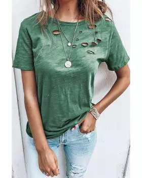 Azura Exchange Футболка из хлопковой смеси с круглым вырезом и отверстиями S зелёный