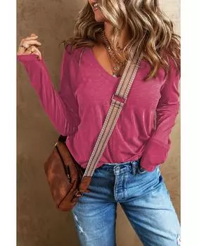 Azura Exchange Футболка с длинным рукавом и V-образным вырезом, цвет розово-красный, центральный шов S розы красного