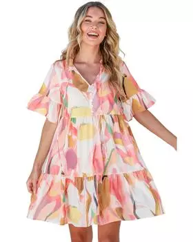 Azura Exchange Geometric Print Ruffled V-Neck Mini Dress XL розовый