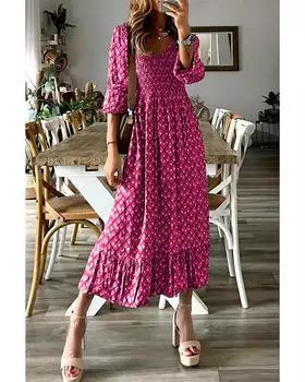 Azura Exchange Geometric Print V Neck High Waist Long Dress M розовый