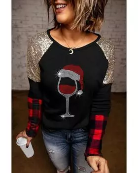 Azura Exchange Glass Print Sequin Plaid Patchwork Top M чёрный