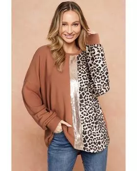 Azura Exchange Gold Flame Leopard Print Sequin Colorblock Long Sleeve Top L пламенный/золотой