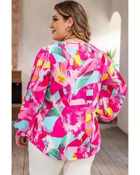 Azura Exchange Graffiti Print Split Neck Puff Sleeve Blouse 1X розовый