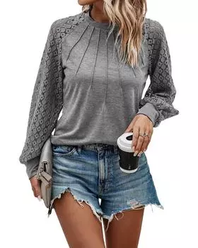 Azura Exchange Серый контрастный кружевной топ с рукавами реглан и складками L серый
