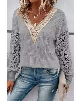 Azura Exchange Серый кружевной топ с V-образным вырезом и рукавами-фонариками M серый