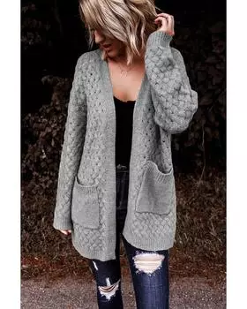 Azura Exchange Gray Open Front Woven Texture Knitted Cardigan with Pockets M серый