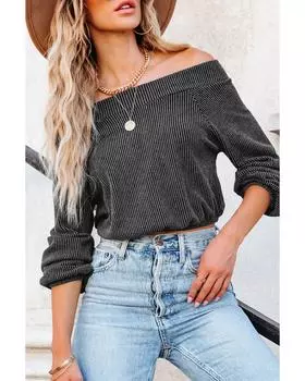 Azura Exchange Серый ребристый трикотажный топ с открытыми плечами и рукавами-фонариками XL серый