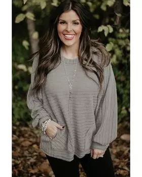 Azura Exchange Gray Ribbed Side Pockets Long Sleeve Plus Size Top 1X серый