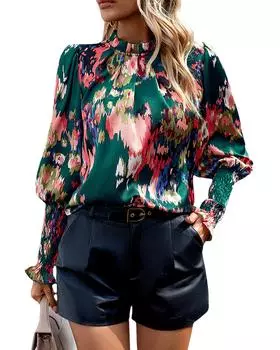 Блузка Azura Exchange Green с абстрактным принтом, присборенными манжетами и оборкой на шее S зелёный