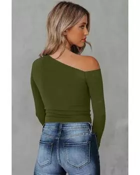 Azura Exchange Green Asymmetrical Neckline Long Sleeve Knit Top L зелёный