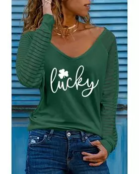Azura Exchange Green Clover Lucky Pattern Sheer Striped Long Sleeve Top L зелёный
