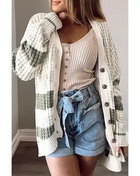 Azura Exchange Green Colorblock Textured Knit Buttoned Cardigan S зелёный