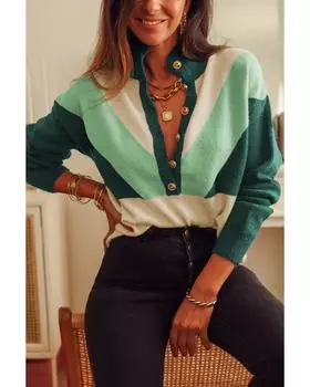 Azura Exchange Green Geometric Color Block Knit Button V Neck Sweater XL зелёный