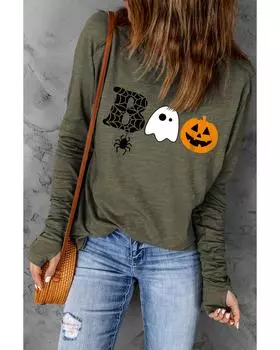 Azura Exchange Green Halloween BOO Print Long Sleeve Graphic T Shirt S зелёный