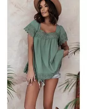 Azura Exchange Зеленая кружевная блузка с квадратным вырезом и помпонами L зелёный