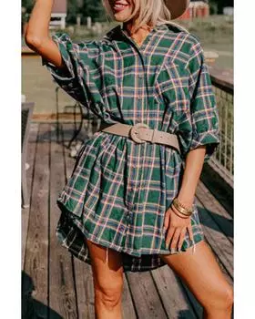 Azura Exchange Green Oversized Plaid Half Sleeve Tunic Shirt M зелёный