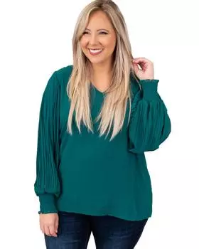 Azura Exchange Green Pleated Bubble Sleeve Plus Size Blouse 1X зелёный