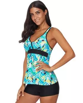 Azura Exchange Green Printed Tankini Top Solid Boyshort Swimsuit L зелёный