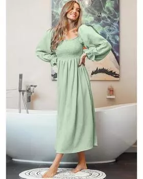 Azura Exchange Green Smoked Flounce Sleeve Textured Empire Waist Maxi Dress M зелёный