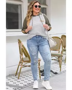 Azura Exchange Green Striped Raglan Sleeve Buttoned Pocket Plus Size Hoodie 3X зелёный