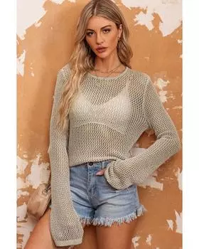 Azura Exchange Hollow-out Knit Long Sleeve Top XL хаки