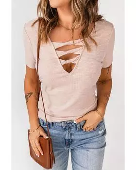 Azura Exchange Hollow-out Neck Rib Knit T Shirt M абрикосовый