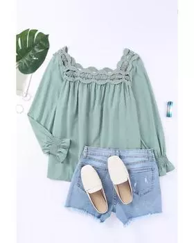 Azura Exchange Блузка с вырезом на шее и фестончатым вырезом S зелёный