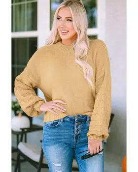 Azura Exchange Hollowed Bubble Sleeve Knit Sweater M хаки