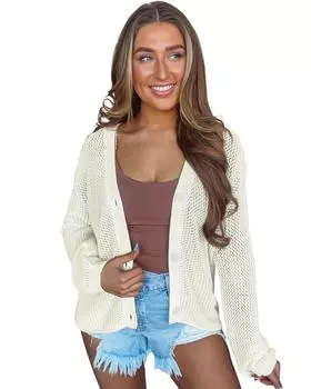 Azura Exchange Hollowed Knit Button Front Cardigan XL бежевый