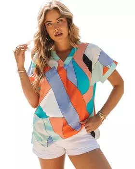 Azura Exchange Irregular Color Block Printed Short Sleeve Blouse S разноцветный