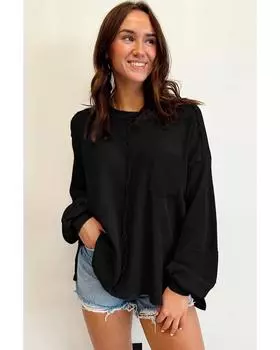 Azura Exchange Изысканный вафельный трикотажный топ с рукавами-пузырями S чёрный