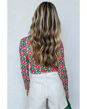 Azura Exchange Эластичный топ с длинными рукавами и цветочным принтом в стиле ретро S красный