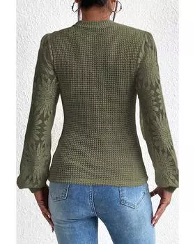 Azura Exchange Jungle Green Sunflower Mesh Bubble Sleeve Waffle Knit Top M джунглях зеленый