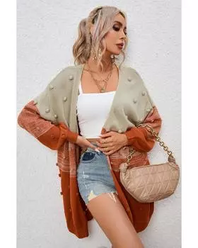 Azura Exchange Кардиган с открытым передом и цветными блоками и помпонами S коричневый