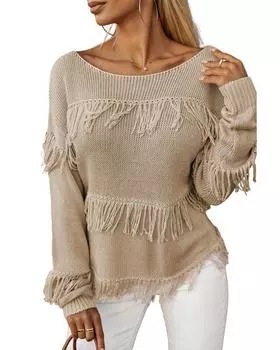 Вязаный свитер Azura Exchange Khaki Boho с кисточками S хаки