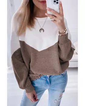 Azura Exchange Khaki Colorblock Cutout Elastic Hem Pullover Sweatshirt M хаки