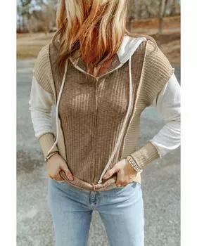 Azura Exchange Khaki Long Sleeve Textured Knit Patchwork Hoodie S хаки