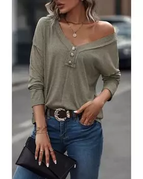 Azura Exchange Khaki Long Sleeve V-Neck Stitching Henley Top M хаки