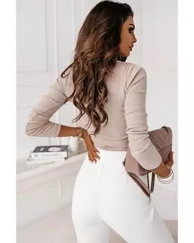 Azura Exchange Khaki Pearl Trim Square Neck Ribbed Knit Top L хаки