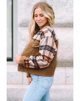 Azura Exchange Khaki Plaid Corduroy Flap Pockets Boxy Jacket L хаки