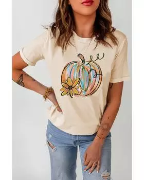 Azura Exchange Khaki Pumpkin with Flower Graphic T Shirt 2XL хаки