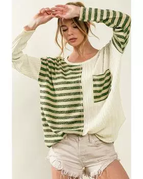 Azura Exchange Khaki Striped Patch Textured Fabric Long Sleeve Top XL хаки