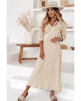 Azura Exchange Khaki Striped V-neck Long Sleeve Casual Dress XL хаки