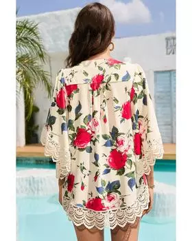 Azura Exchange Кимоно с цветочным принтом и фестончатым кружевом L бежевый